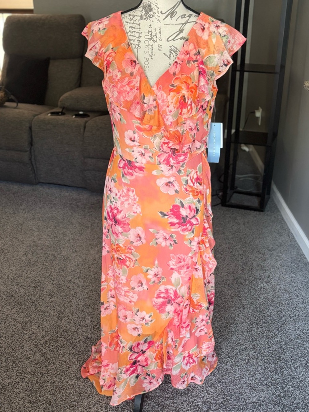 London Times Coral Pink & Orange Floral Maxi Dress